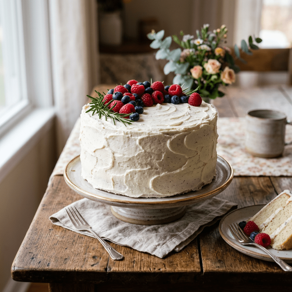 Vanilla layer cake with white frosting topped with raspberries, blueberries, and rosemary on a wooden table